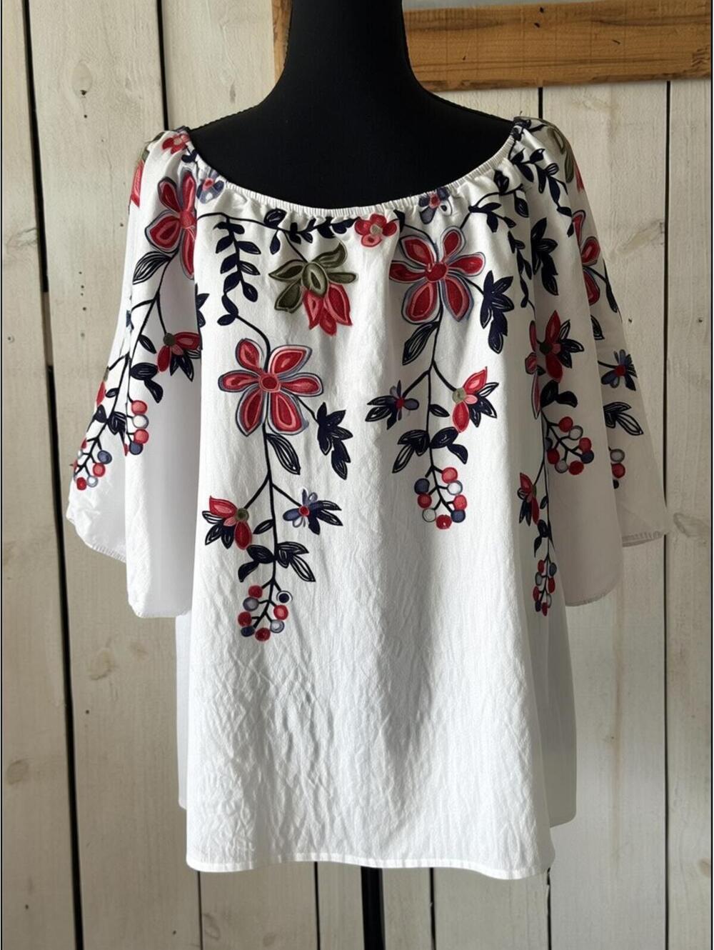 White Linen Floral Embroidered Peasant Blouse - Picture 2 of 5